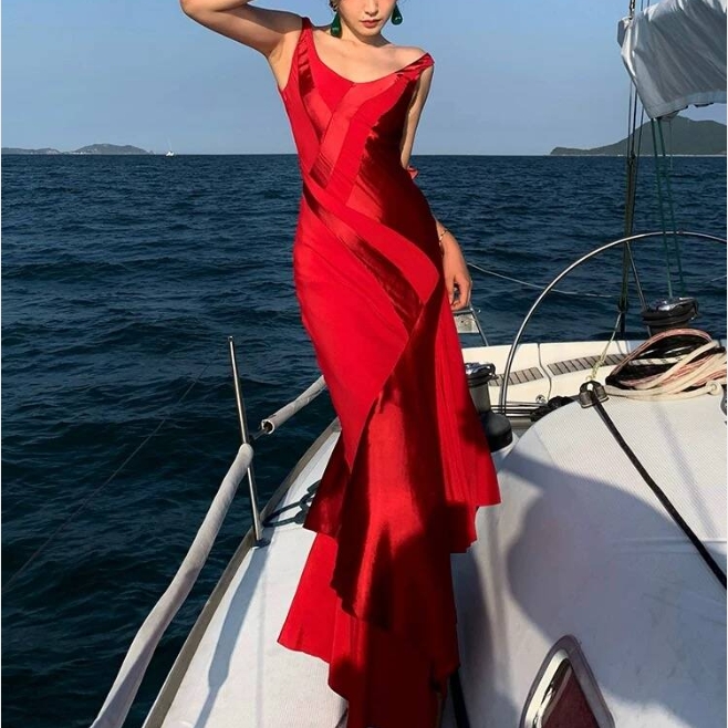 Red Mermaid Ruffle Long Prom Dress Formal Evening Gown