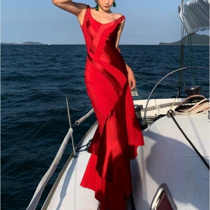 Red Mermaid Ruffle Long Prom Dress Formal Evening Gown