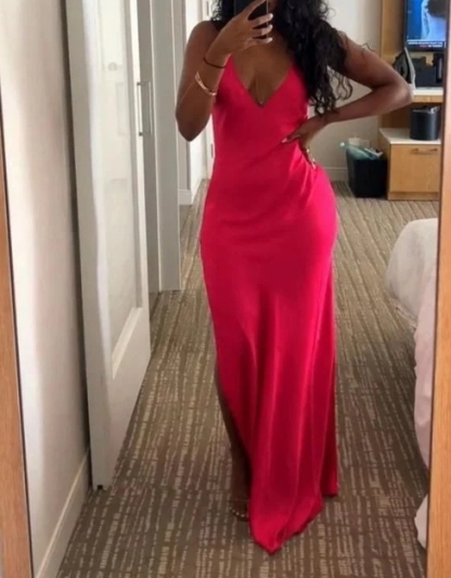 Hot Pink Formal Party Dress V Neck Sheath Long Prom Dress