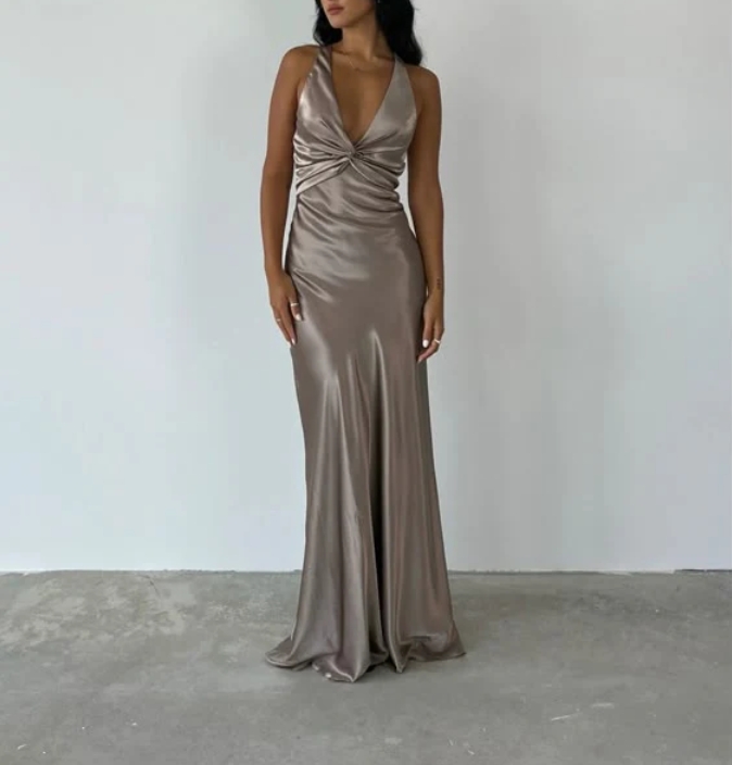 V Neck Mermaid Long Prom Dress Satin Evening Party Gown