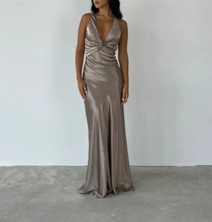 V Neck Mermaid Long Prom Dress Satin Evening Party Gown