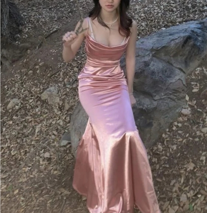 Spaghetti Straps Pink Mermaid Prom Dress Evening Party Gown
