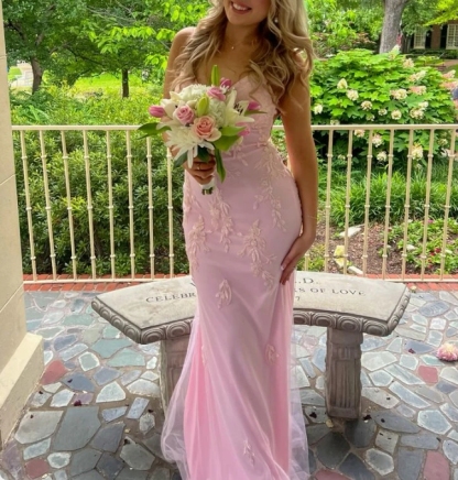 Spaghetti Straps Pink Mermaid Prom Dress Lace Party Gown