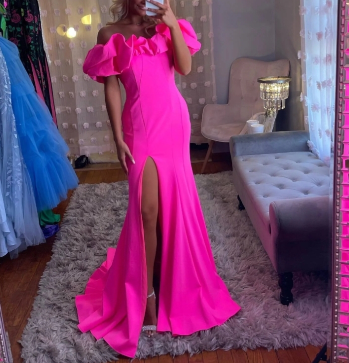 Hot Pink Off the Shoulder Mermaid Long Formal Prom Dress with Slit