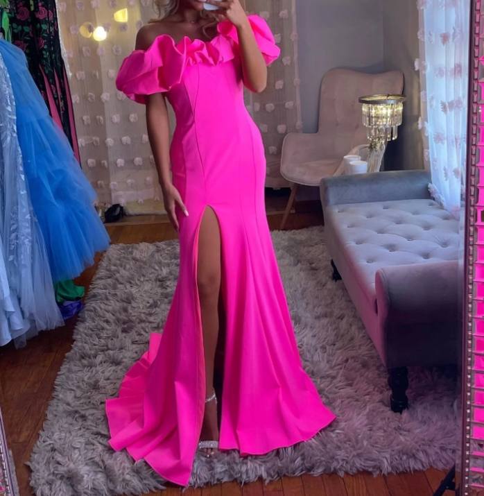 Hot Pink Off the Shoulder Mermaid Long Formal Prom Dress with Slit