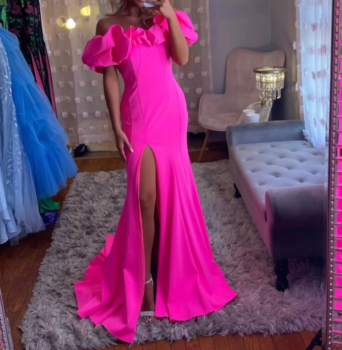 Hot Pink Off the Shoulder Mermaid Long Formal Prom Dress with Slit