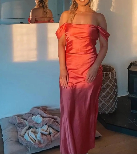 Off the Shoulder Coral Sheath Long Prom Dress