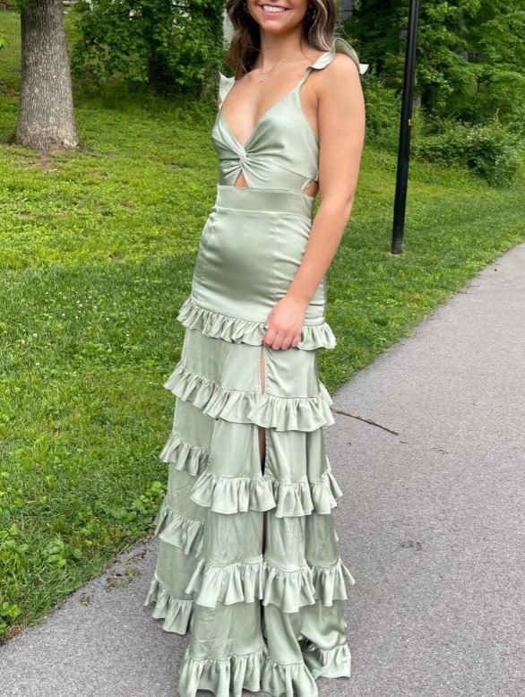Knotted Sage Ruffles Tiedred Maxi Prom Dress