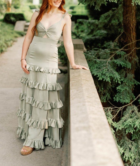 Knotted Sage Ruffles Tiedred Maxi Prom Dress
