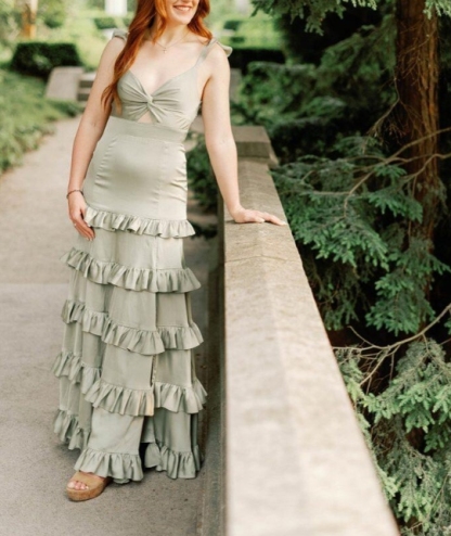 Knotted Sage Ruffles Tiedred Maxi Prom Dress