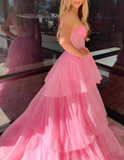 Pink Corset Tulle Ruffles A-line Formal Prom Dress