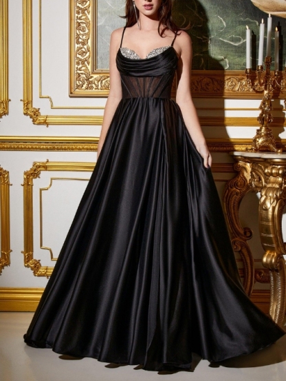 Black Spaghetti Strap slim fit front slit formal Prom gown