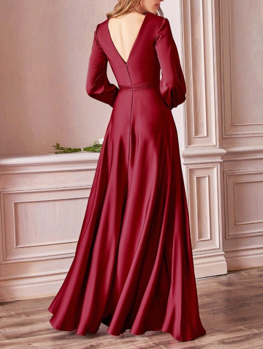Burgundy Simple Deep V-long Sleeved Front Slit Long Ballroom Prom Dress