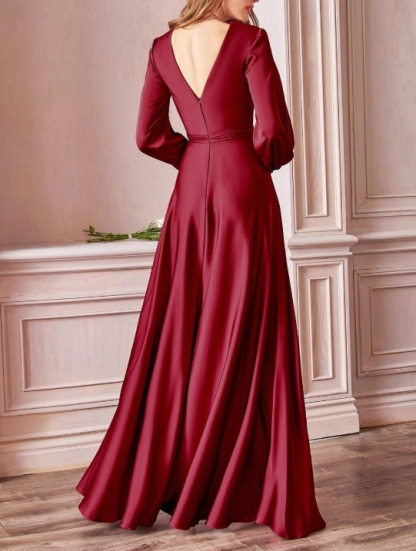 Burgundy Simple Deep V-long Sleeved Front Slit Long Ballroom Prom Dress