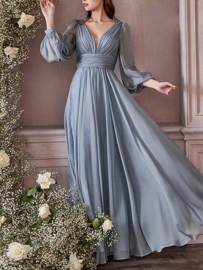 Smoky BlueV collar long sleeved formal Prom gown
