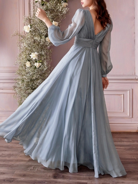 Smoky BlueV collar long sleeved formal Prom gown