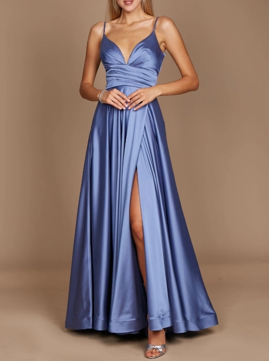 Smokey Blue Spaghetti Strap pleated long Prom Dress