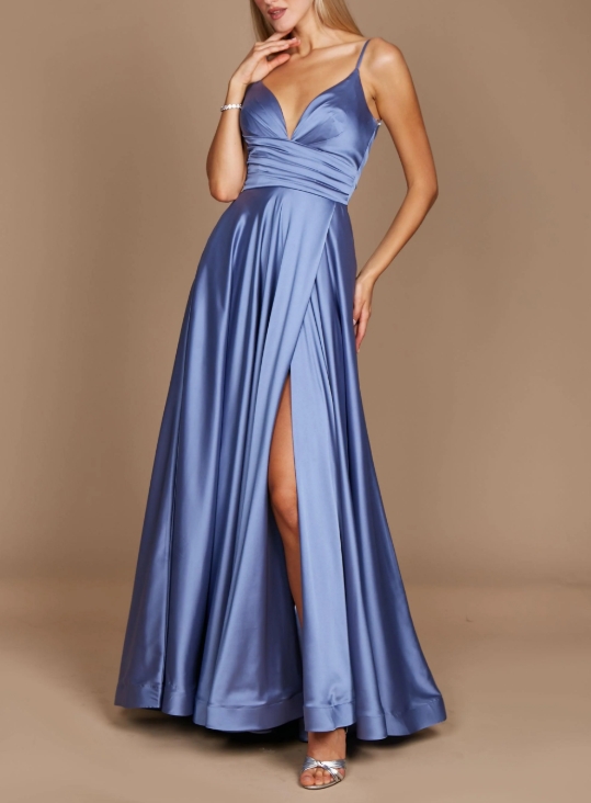 Smokey Blue Spaghetti Strap pleated long Prom Dress