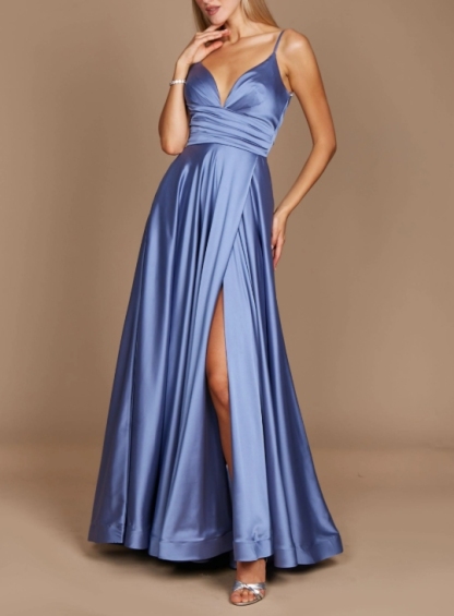 Smokey Blue Spaghetti Strap pleated long Prom Dress