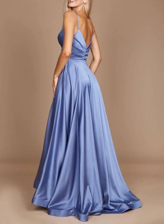 Smokey Blue Spaghetti Strap pleated long Prom Dress