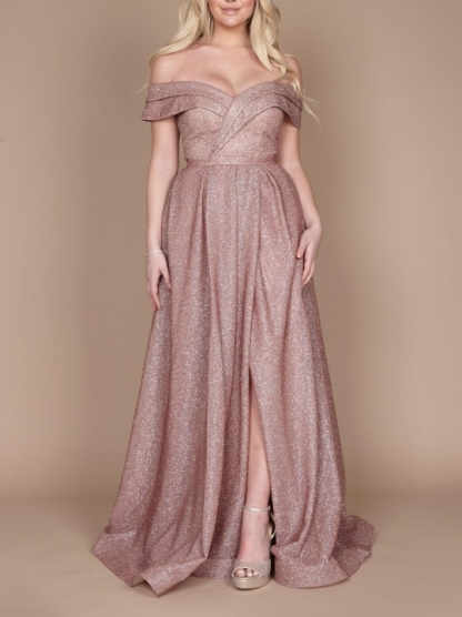 Mauve A-Line Off the Shoulder Long Formal Prom Dress