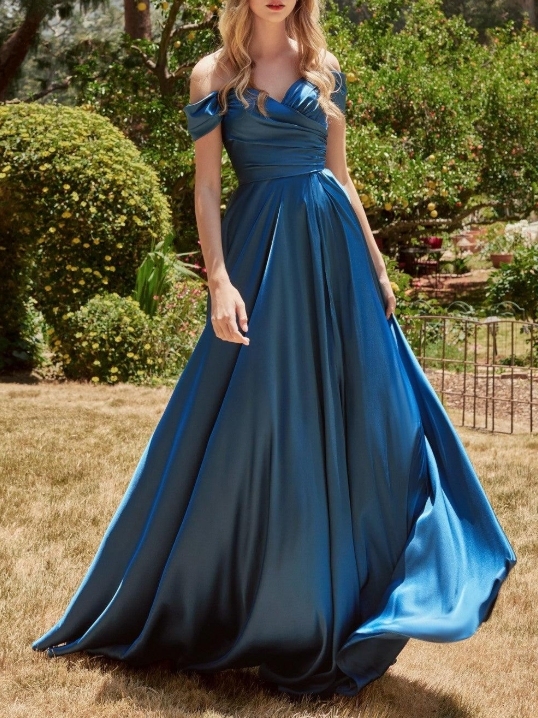 French Navy A-Line Off the Shoulder Long Formal Prom Dress