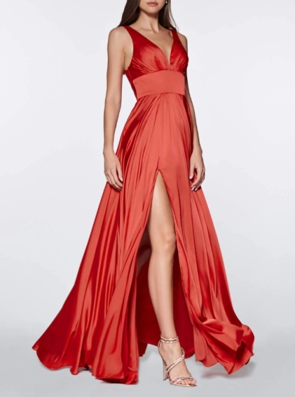 Red Deep V Front Split Formal Prom Dress