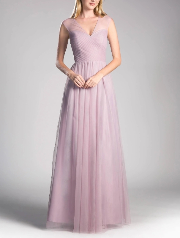 Simple Mauve V-neck short sleeved long Prom gown