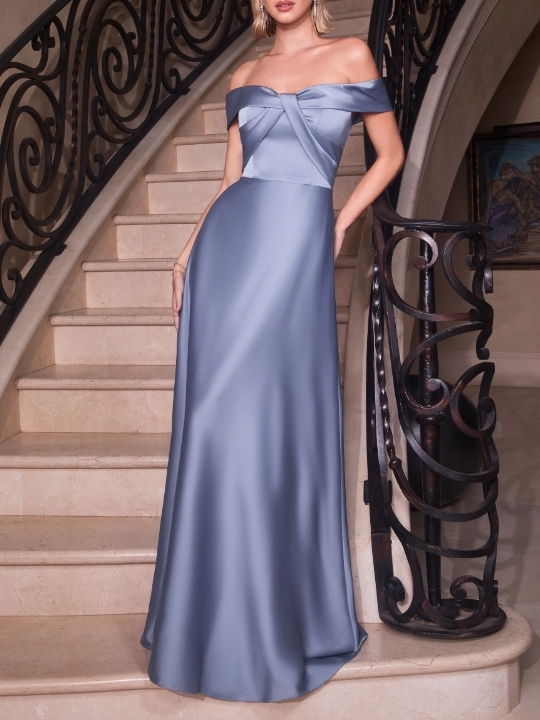 Paris Blue A-Line Off the Shoulder Long Formal Prom Dress