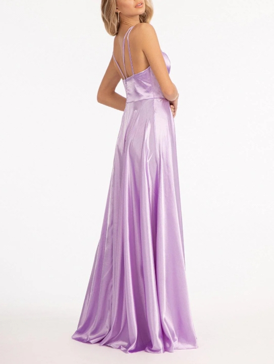 Lilac Spaghetti Strap formal Prom gown with front slit in place