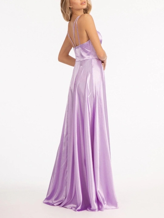 Lilac Spaghetti Strap formal Prom gown with front slit in place