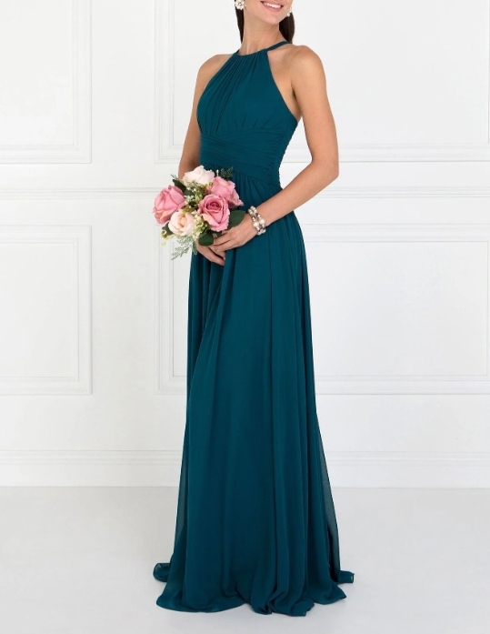 Beautiful Teal Halter Front Fold Long Formal Prom Dress