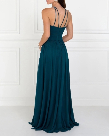 Beautiful Teal Halter Front Fold Long Formal Prom Dress