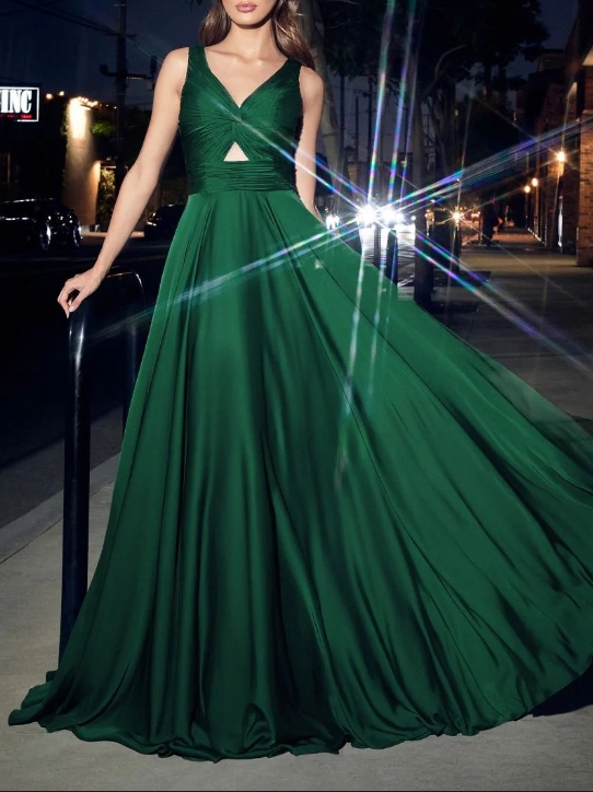 Hunter Green Pleated Long Formal Prom Gown