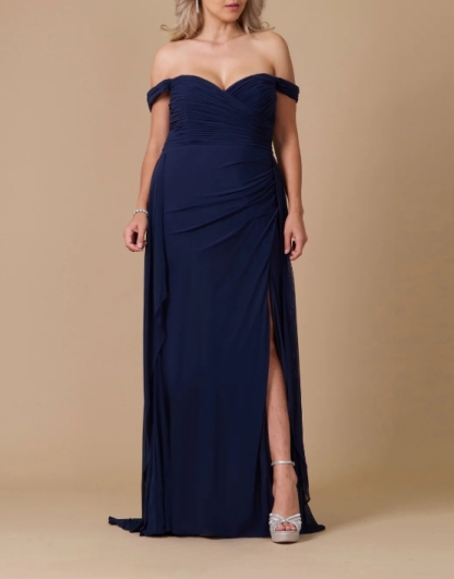 Navy A-Line Off the Shoulder Fold Long Plus Size Prom Dress