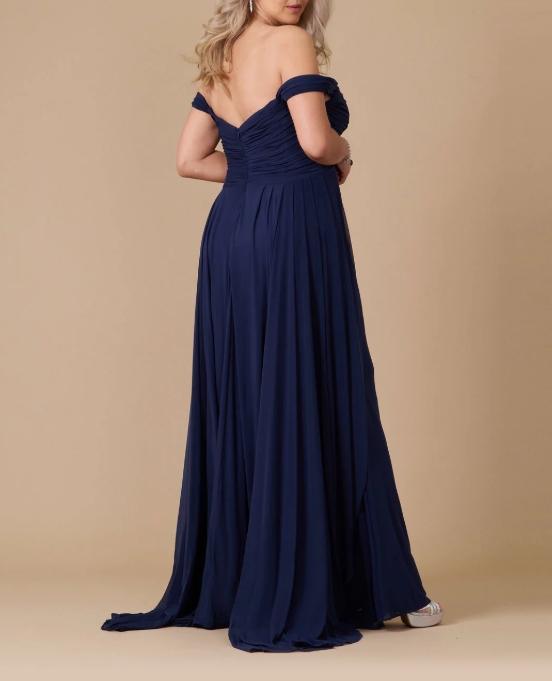 Navy A-Line Off the Shoulder Fold Long Plus Size Prom Dress