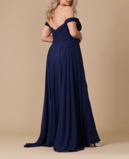 Navy A-Line Off the Shoulder Fold Long Plus Size Prom Dress