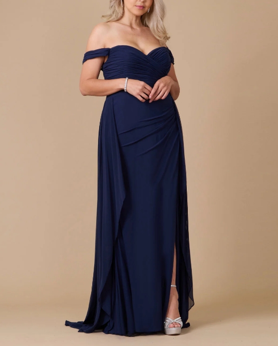 Navy A-Line Off the Shoulder Fold Long Plus Size Prom Dress