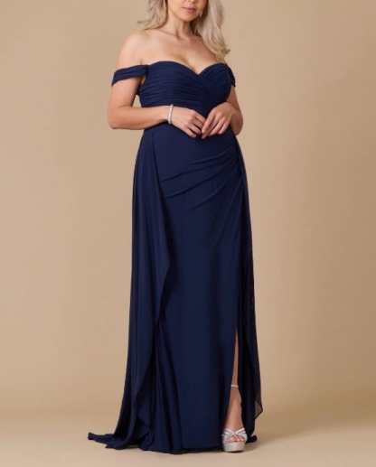 Navy A-Line Off the Shoulder Fold Long Plus Size Prom Dress
