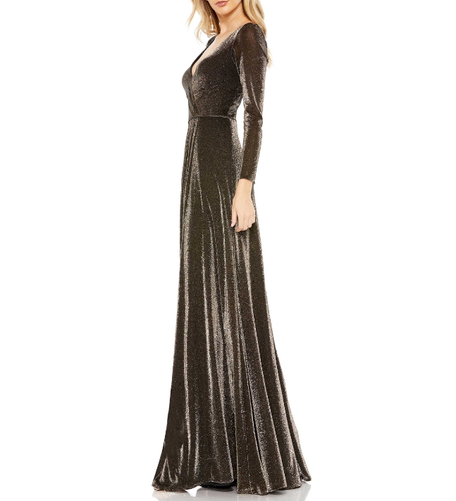Black Gold Plunge V Fine Shiny Front Split Suede Formal Prom Dress