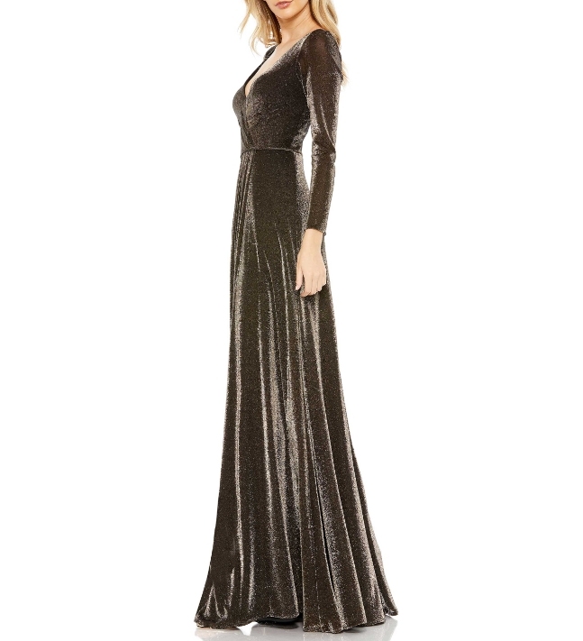 Black Gold Plunge V Fine Shiny Front Split Suede Formal Prom Dress