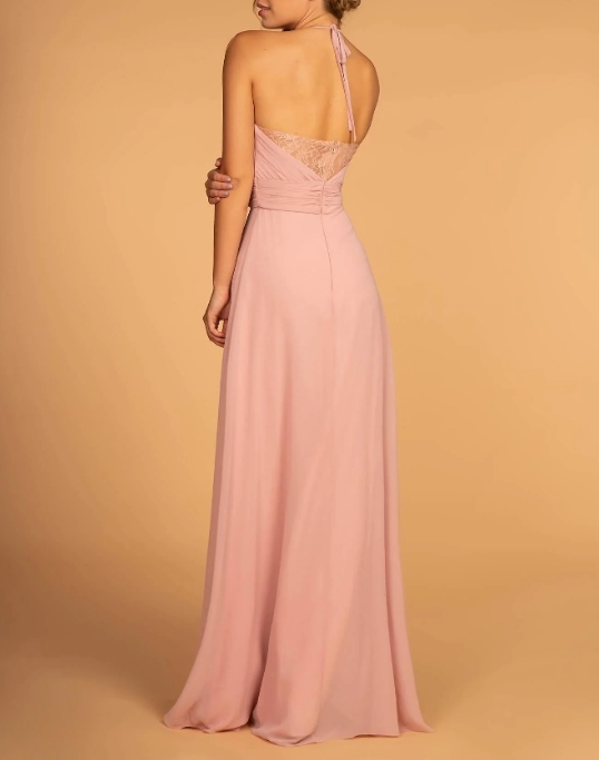 Dusty Rose Halter Spaghetti Strap Fold Long Prom Dress