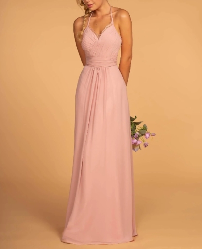Dusty Rose Halter Spaghetti Strap Fold Long Prom Dress