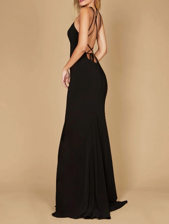 Black Lace-Up Back Floor Length Front Split Prom Dress