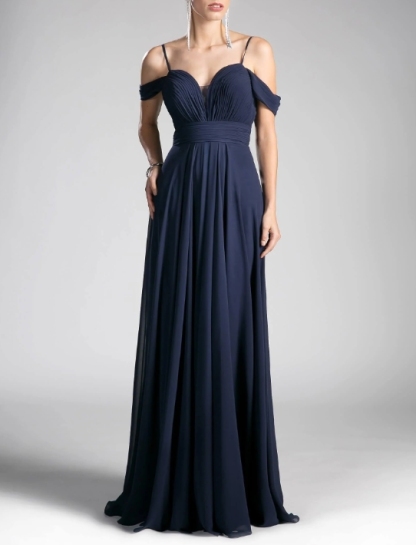Navy Spaghetti Strap Pleated Long Prom Dress