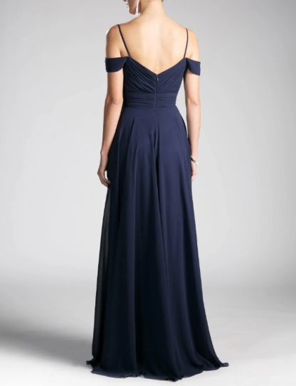 Navy Spaghetti Strap Pleated Long Prom Dress