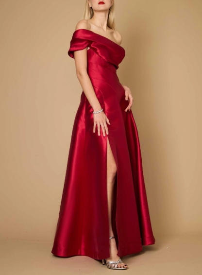Burgundy A-Line Off the Shoulder Long Front Split Formal Prom Dress