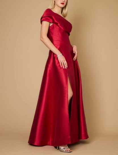 Burgundy A-Line Off the Shoulder Long Front Split Formal Prom Dress
