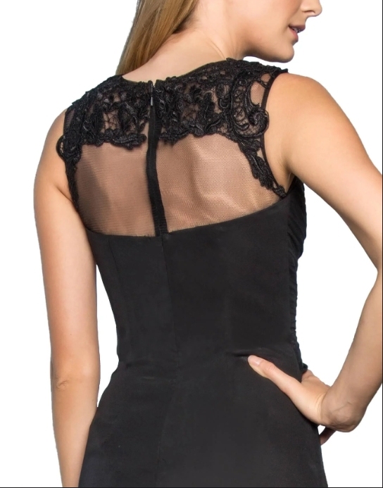 Black sleeveless top with appliqu é long pleated Prom Dress