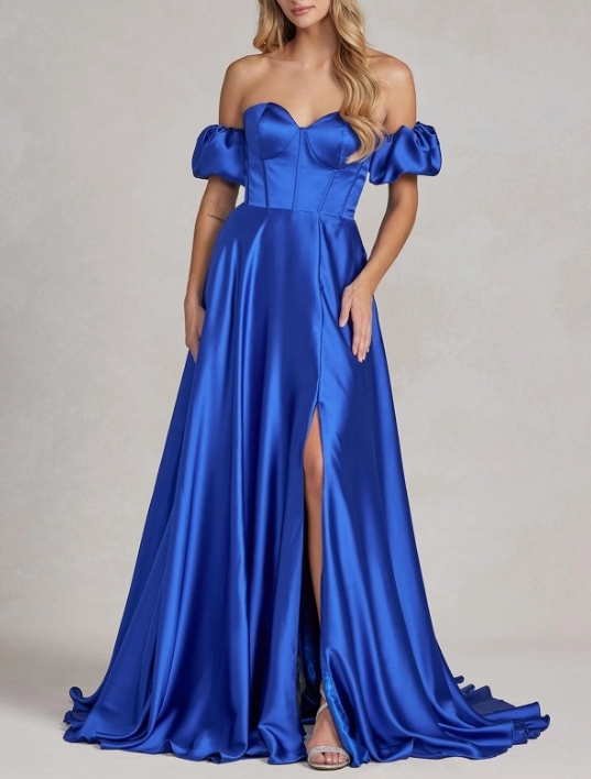 Royal Blue A-Line Off-the-Shoulder Off Shoulder Long Formal Prom Dress
